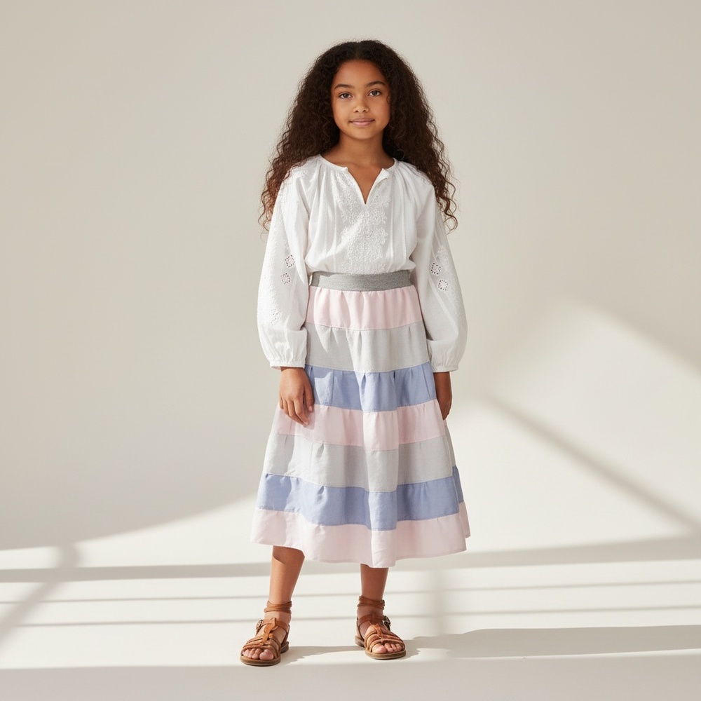 Skirt Girl 8 100% Cotton Ruffle Tier Midi Colorblock Colorful Mom and Pop’s Kids